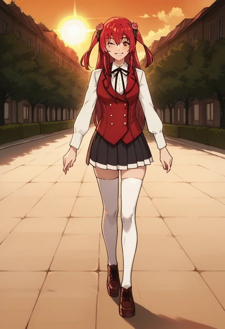 score_9, score_8_up, score_7_up, score_6_up, source_anime, anime coloring, smile, full body, <lora:Amelia_Rose:1> amelia_rose, red hair, solo, red eyes, school uniform, white thighhighs,
walking by the street of small village, 3/4 side view, wide smile, winking,  looking at viewer, full body view, close view, sexy pose, beautiful background, sun rays