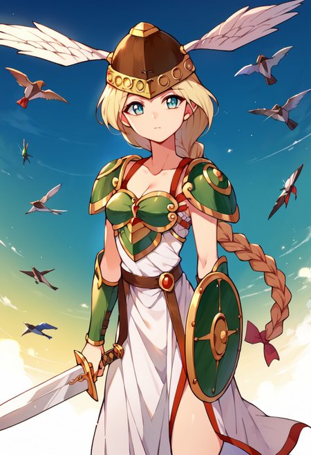 score_9, score_8_up, score_7_up, 1girl, <lora:Namco Valkyrie V4:1>, namcoValk, armored dress, winged helmet, shield, holding sword, braided ponytail, hair bow