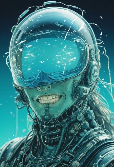 Blue Sky backdrop, Smiling, artialien Made of bold perfect lines, Grignani, Long Hair Made of lines, water Striped By kentaro miura, bold lines, Crystal Blue translucent water, wired-cyborg, mechanical parts, wires, cables, cyberpunk,  Snake from Metal Gear Solid with a half robot face, Closeup, cinematic composition, atmospheric haze, very detailed, waterworld, creating a hyperpunk scene with desaturated dark watery translucent Blue and turquoise details, colorful (polaroid:0.7) with vibrant colors, (vacations, high resolution:1.3), (small, selective focus, european film:1.2), (sexual advance:1.1), closeup