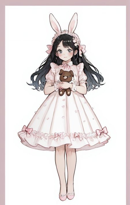 score_9, score_8_up, score_7_up, score_6_up, score_5_up, score_4_up,
 <lora:OverDesignedGirls:.7>
1girl, black border, black hair, border, bunny, dog, dress, flower, grey border, jewelry, long hair, pink border, red border, simple background, stuffed animal playing instruments, stuffed toy, white background