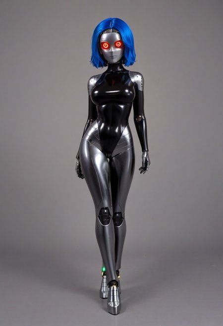 solo, A 35mm full length photo of  a beautiful 20 year old woman, she is a humanoid robot , robotic body, black robotic eyes, freckles, smooth featureless silver grey robotic skin, robotic aerials, metallic dark blue hair, elegant black latex bodysuit with white trim
TheFaceLess