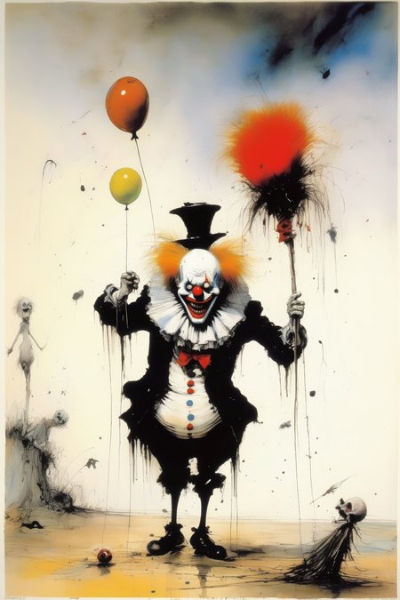 <lora:Ralph Steadman Style:1>Ralph Steadman Style - the death of a horror clown, style arthur boyd and ralph steadman combined