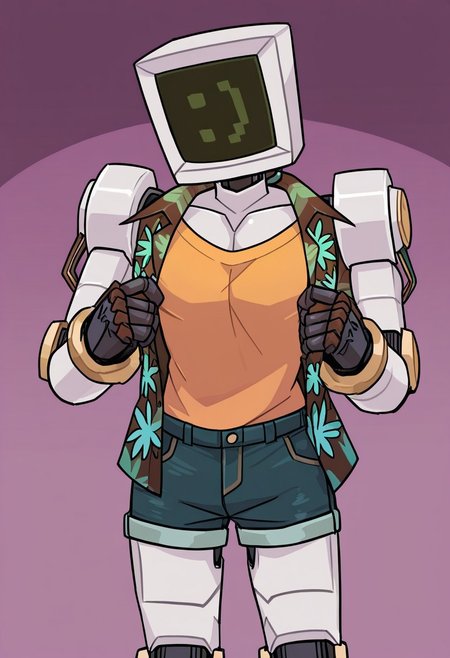 ,  solo, masterpiece, detailed, uwa, huge filesize, ultra hd, best quality, male focus, (absurdres, highres),
1boy, Calculester_Hewlett_Packard, robot, computer head, :D face, standing, Hawaiian shirt, open shirt, orange T-shirt, jean shorts