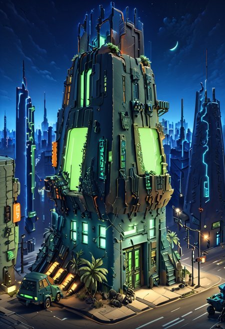 ((masterpiece, best quality)), high resolution, highly detailed,  realistic, BREAK,  
Necron,electricity, green glow, green theme,
 IsometricNeon, outdoors,  night, ground vehicle, building, scenery, motor vehicle, city, sign, road, cityscape, multiple others, lamppost, street, skyscraper, city lights, (blue theme),  ,   IsometricDesert, tree, no humans, window, plant, stairs, palm tree, door, potted plant, (white walls, orange roof, tile roof:1),<