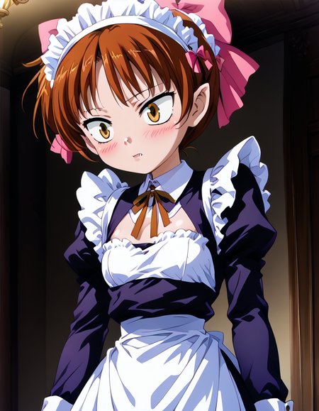 (1girl, solo,upper body:2),looking below<lora:Neko_Musume_5th_Gegege_no_Kitarou_2007_Revised:1> 1girl, solo, neko2007, auburn hair, pink bowtie hair, fangs, yellow eyes, pink shoes, dark red pinafore dress, tsurime, white long-sleeve collared shirt, brown neck bowtie, (small breasts:2),(slanted eyes:1.2),(petite, short height:1.5),(narrowed eyes, staring, blush:1.5),Pouring wine, (maid, maid headdress, maid dress, maid apron, long skirt, high heels, enmaided, tights, garter straps, long sleeves:2), perfect quality, amazing quality, high res,score_9,  score_7_up, score_6_up, score_4_up, score_5_up,best quality, masterpiece, 8k uhd, rating_safe, very aesthetic,(anime, source anime, official art, official style, game cg, Megami magazine:1.8), high detailed,<lora:flat_sdxl:-1>, <lora:3Danimation_Disney_1.0:1>, <lora:clear:1>,  <lora:detailed_notrigger:1>, <lora:is_pretty:4>, <lora:cnv3mdde878c738thn20:0.6>, <lora:absurdres_quality:1>,(finely detailed beautiful eyes and detailed face, ultra-detailed face, ultra-detailed eyes:1.5),  depth of field, dramatic light, highres, shadow,  sexy legs, (cute, kawaii, perfect face, perfect tits, perfect ass, wide hips, perfect breasts, bursting breasts:1.5), oily skin, shiny skin,(a detailed drawing, anime style, anime visual, anime drawing, exquisite visuals1990s:1.5),is pretty,(round face:1.5),