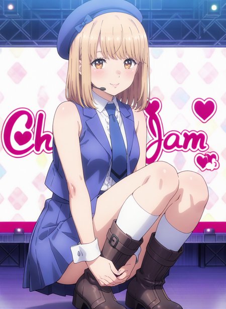 High quality,Ultra detailed,best quality,insanely detailed,beautiful,masterpiece,absurdres,very aesthetic,sensitive BREAK
1girl,solo,<lora:mizumori_yumeri_V1_IL:1>,(mizumori_yumeri, blonde hair, medium hair, brown eyes,bangs, small breasts,),(idol,wrist cuffs,sleeveless,beret,blue necktie,white socks,pleated skirt,shirt,vest,boots),oshi ga budoukan itte kuretara shinu,looking_at_viewer,posing,smile,indoors,<lora:chamjam_stage_V1_IL:1>,stage,chamjam_stage,headset,