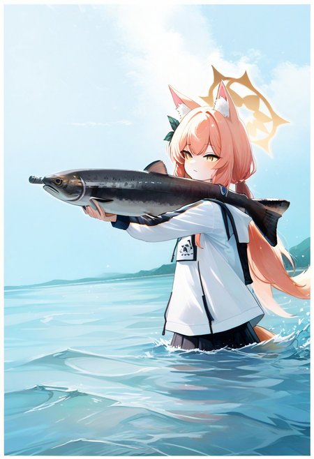 score_9, score_8_up, score_7_up, upper body
easynegative, ncpy45 style watercolor, fox ears,fox tail,Mari_(Blue_Archive), ,holding salmon,outdoor fishing clothes,shotgun