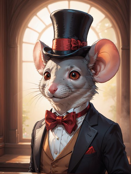 most detailed image of a very high quality masterpiece, glossy surface, vibrant colors, complex composition, volumetric lighting, exquisite detailed features, photorealistic, absurdres, swirling mist, light source, subsurface scattering, glint, rule of thirds, little furry mouse,  <lora:Radiant_Darkness:1> Radiant Darkness, (top hat, tuxedo, red bowtie, monocle:1.2),  <lora:EldritchComicsXL1.2:0.5> comic book <lora:Art_Nouveau_Pony:0.6> art nouveau <lora:Real Furry4:0.3> anthro, furry, pov, photo,