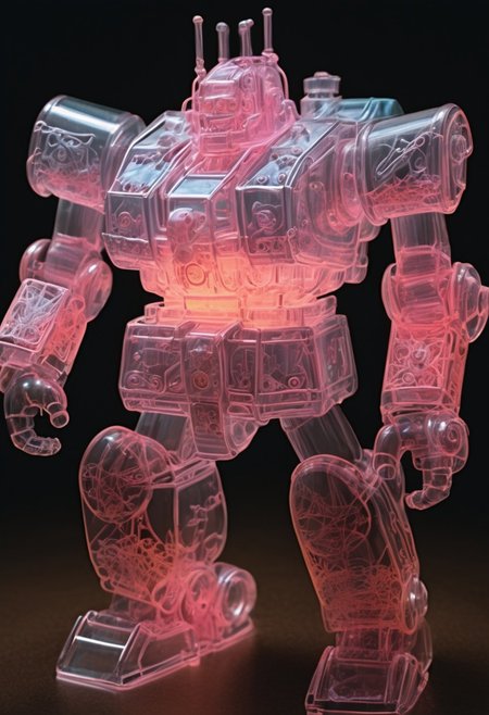 *Blown-Glass* *Fragile* *Delicate* *Dainty* *Brittle* *guncannon_mass_production_type inside glass* *pastel marble table* *made of,tiny neon glass filaments,* *neon filaments* *upper body view* *cowboy shot*