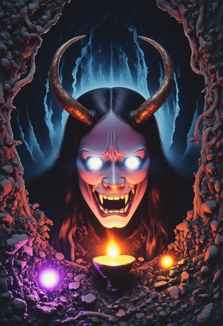 Satyr ArsMovieStill, movie still from a 1970s horror movie Studio Ghibli Dark Fairytale depicting a cursed hannya mask with horns and fangs in an eerie dark forest amidst twisting vines and luminous purple mushrooms