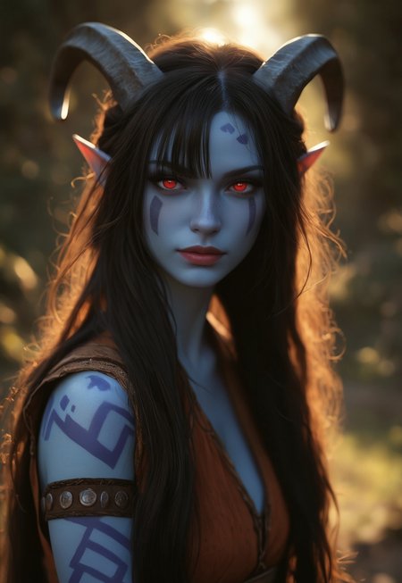 masterpiece, best quality, highly detailed, score_9, score_8_up, score_7_up, Expressiveh, 
 rmsns, 1girl, portrait, beautiful, tiefling shaman, black hair, (long hair:1.3), side bangs, horns, barbarian, gladiator, war paint, tribal markings, long tail, blue skin, red lips, red eyes, glowing eyes, (smug:0.85), dramatic lights, detailed
<lora:Dynamic Poses:1> 
<lora:detailed_notrigger:1>
 (((full clothed))),