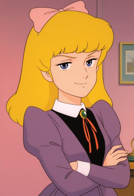 masterpiece, best quality, source_anime,official art,perfect_anatomy,1980s_\(style\),retro_artstyle,1girl,solo,Lavinia Herbert,blonde_hair,long_hair,hair_bow,neck_ribbon,shirt,purple_dress,puffy_sleeves,crossed arms,looking_at_viewer,smug face,upper body,close_to_viewer,front view,indoors,bedroom