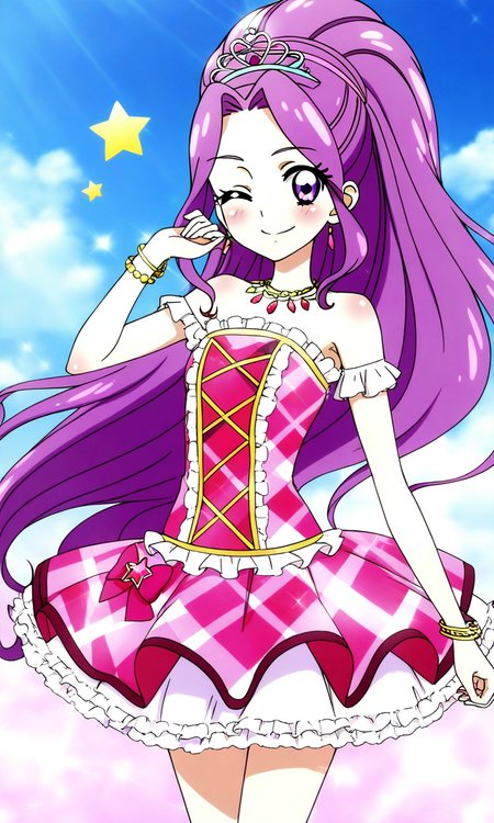 general,highres, ultra-detailed,very aesthetic,best quality ,best hands, BREAK <lora:Kanzaki_Mizuki_aikatsu!_IS:1>
kanzaki_mizuki(aikatsu!), 1girl, solo, purple hair, purple eyes, long hair, ponytail, high ponytail, hairband, very long hair,
one eye closed, smile, pink dress, jewelry, 
necklace, star (symbol), looking at viewer, ;), bracelet, tiara, argyle, gradient background, gradient, plaid, frills,
sky, outdoor,