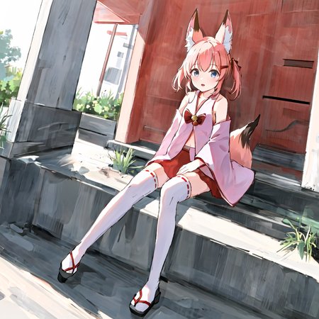 nojaoji,solo,1girl,<lora:nojaoji:1.0>,pink clothes,brond hair,twin tail,fox ears,fox tail,red,mini skirt,white,knee high socks