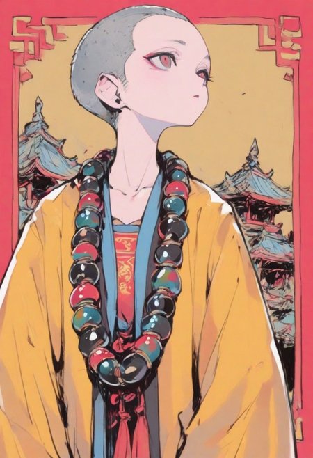 1 girl , solo , mature female , shaved head , jiasha robes , chinese monk , Buddhist monks , Jieba , monk beads , 
masterpiece, best quality ,amazing quality , highly detailed ,S4bit4mago_illu , xxx667_illu ,Protoneon  , ma1ma1helmes_b_illu,