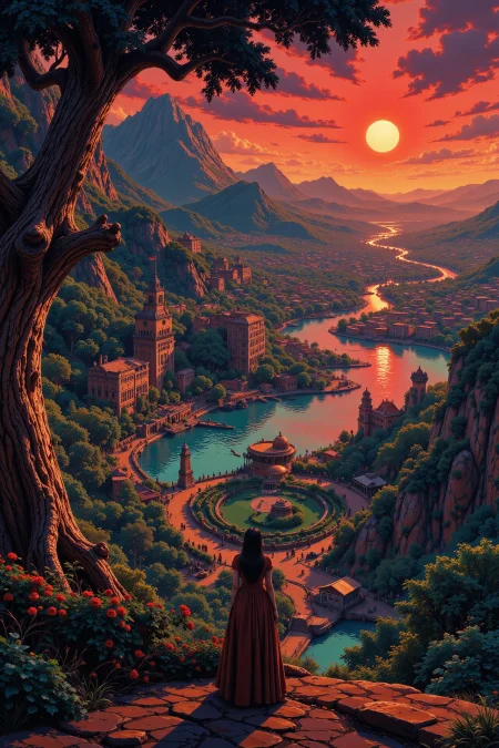 amazon city beautiful  landscape, sunset, woman, very intricate, very detailed, sharp, bright, colorful, <lora:Hand v2:0.5> <lora:Anti-Blur:1><lora:Insane Detail Slider:0.25>  <lora:flux.1_lora_flyway_Epic-detail_v2:0.3> <lora:fluxenhancer:0.25> <lora:Anime_style:0.7> anime style