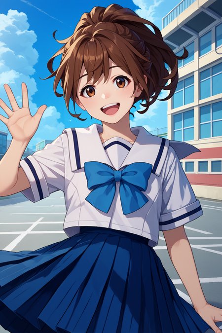 score_9, score_8_up, score_7_up, score_6_up, source_anime, 1girl, solo,  <lora:rnakiho-pdxl-nvwls-v1-000005:1> rnAkiho, brown hair, ponytail, brown eyes, white shirt, short sleeves, white sailor collar, blue bow, pleated skirt, looking at you, happy, open mouth, blue sky, clouds, city, waving, upper body