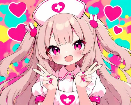 1girl,solo, pink eyes,light brown hair,long hair,two side up,bunny hair ornament,hair ornament,hat,nurse cap,nail polish,pink nails,shirt,puffy short sleeves,apron, abstract background,upper body, blush,smile,open mouth,fang,looking at viewer,heart,double v, <lora:locute_noob11_v3_original:1>