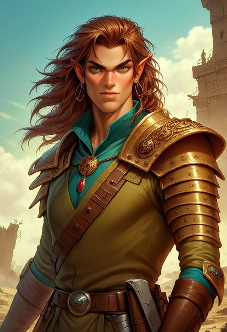score_9, score_8_up, score_7_up, source_realistic, source_photo, 1boy, Larry Elmore Fantasy art Illustrations, Elmore_Style_LX, 
dungeons and dragons
high fantasy
sword and sorcery setting
rogue
Halfing
halfling
(random skin tone)
(random hair color)(random hair style)
Dungeons and Dragons genre
high adventure sword and sorcery setting
A halfling rogue. Sneaking through ancient ruins, looking for treasure and traps. He wears light leather armor (black) with a belt that has many pouches and 2 daggers around his waist. The character has dark hair, green eyes, and an mischievous, confident expression, 
The scene conveys strength, grace, and a connection to the ancient world., action shot, bokeh
