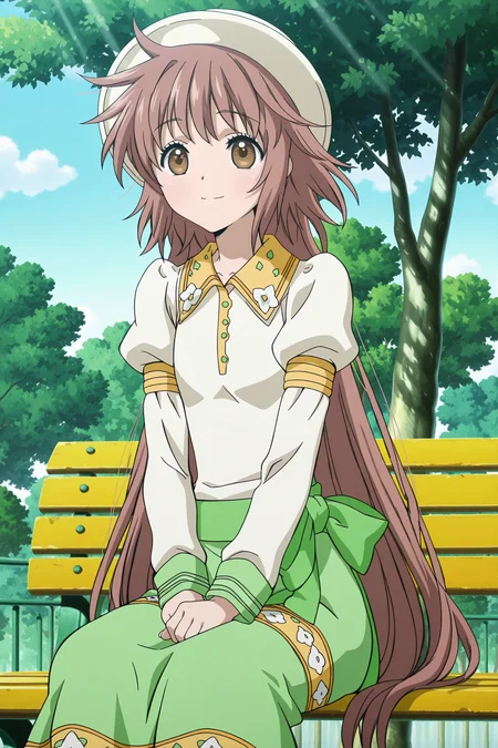 anime screencap, anime coloring, detailed face, masterpiece, best quality, very aesthetic, absurdres, volumetric lighting, official style, amazing quality, ultra detailed, highres, amazing quality, scenery, beautiful detailed hair, beautiful detailed eyes,
<lora:StS-Illustrious-Detail-Slider-v1.0:4>
 <lora:Kobato_Hanato_Kobato.:1>
outdoors, trees, sky, day,
Kobato Hanato (character), 1girl, long hair, brown hair, bench, brown eyes, solo, hat, park bench, sitting, green skirt, smile