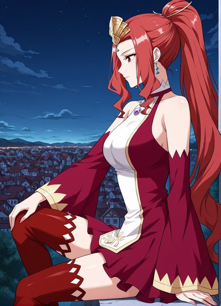 <lora:Cao_Ying__Battle_Through_the_Heavens__Illustrious:1>
1girl, solo, red eyes, sharp eyes, long hair, high ponytail, red hair, ahoge, hair ribbon, hair ornament, wavy hair, sidelocks, anime style, 
fantasy outfit, ornate dress, sleeveless dress, off shoulder, high collar, flared sleeves, asymmetrical skirt, short dress, wide sleeves, detached sleeves, red sleeves, red thighhighs, thigh boots, red boots, fantasy outfit, ornate dress, gemstone necklace, tiara,forehead jewel, earrings, elegant, royal, fantasy girl, 
score_9, score_8_up, score_7_up, score_6_up, source_anime, masterpiece, best quality, absurdres, highres, newest, anime coloring <break>  1girl, solo, sitting, on wall, from side, town, night sky, cloud