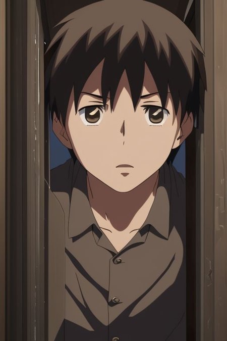 high resolution, solo, best quality, 1Boy, Takaki Toono, Brownish Hair, Brown Eyes, surprised, peeking out, OverallDetail