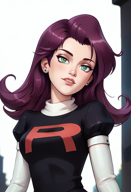 score_9, score_8_up, score_7_up, score_6_up, PRSNL_3_1, uncensored, pupils black dots, lips,
upper body, best quality, masterpiece, 4k, realistic, warm light,
PMMiyamoto, team rocket, floating hair, purple hair, bangs, green eyes, orange earrings, aged up,
black dress, puffy sleeves, elbow gloves, white gloves, white thighhighs, thigh boots,