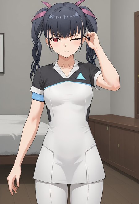 1girl, solo, rurikamgbr, red eyes, twintails, hair ribbon, HousekeeperOutfit, dress, white pants, short sleeves, standing, hand on hair, one-eye closed, annoyed, looking at viewer, indoors,