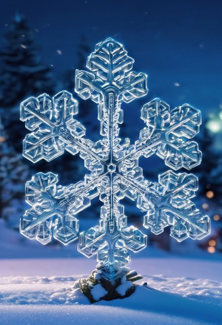 Cute tree, in the shape of, a snowflake, winter village, stunning, no humans, enhanced quality, creative, beautiful, vibrant, masterpiece, 8k, Ultra HD, amazing details, amazing quality, amazing artist, sharp edges, detailed textures, full view, atmospheric lighting, amazing visuals