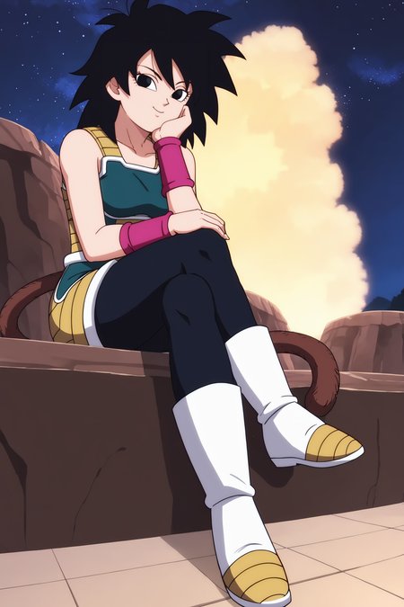 source_anime, score_9, score_8_up, score_7_up, anime screencap, absurd res,
gine, official style, black saiyan armor, black skirt, 1girl, solo, smile, black hair, sitting, full body, boots, two tone footwear, white footwear, pantyhose, white trim, sky, black eyes, night, pink wristband, star \(sky\), night sky, starry sky, head rest, monkey tail, saiyan armor, eyebrows, eyelashes, black legwear, hand on thigh
 <lora:Gine_v1:0.8>