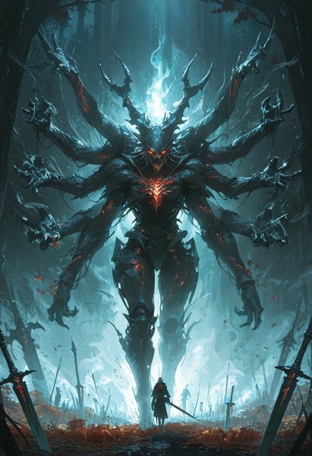 scifi, fantasy, masterpiece, best quality, great composition, four arms, many limbs, assymetry, assymetrical arms, bigger arm holding enormously big broken runic blade enchatned with the souls of the damned, The Revenant is a spectral, humanoid creature that appears ghostly and otherworldly. Its form hovers above the ground, giving it an ethereal and unsettling presence. The body is semi-transparent, with sharp, jagged features that make it look both menacing and unnatural. Its face is obscured, often appearing as a shadowy void or with glowing eyes that pierce through the darkness.
The Revenant’s arms are elongated and end in claw-like appendages, giving it a sinister, predatory look. Its lower body fades into a swirling mist, emphasizing its incorporeal nature. It moves fluidly, as though gliding effortlessly, and its presence is often accompanied by an eerie glow or shimmering aura.
When attacking, the Revenant strikes swiftly and leaves an otherworldly impression, making it feel like an unstoppable force. Its spectral design and unnerving movement make it a haunting and unforgettable entity.