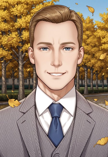 masterpiece, modern, new, male, masculine face, daddy looking face, 1boy, solo

STNeil, dark blonde hair, suit, blue necktie, white shirt, headshot, looking at viewer, smiling, portrait, face only, park background, outdoors, falling leaves