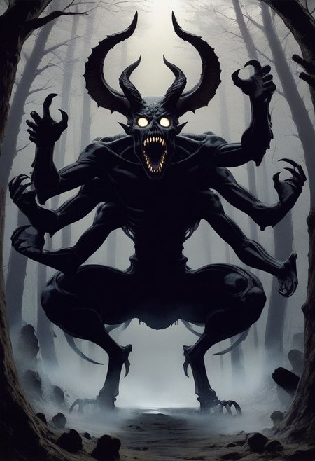 1 creature, dynamic view, 3/4 view, gigant character, dark silhouette, multiple arms, ((multiple horns, numerous horns, multiple large horns, multiple small horns, branching horns, chaotic horns)), ((asymmetrical)), multiple eyes, multiple sharp teeth, open mouth, crouching, reaching towards the ground, skeletal arms, loose flesh
ph4nt0m01l, Trees, fog, high quality, best quality,  score: 9, score: 8 up, rating: safe