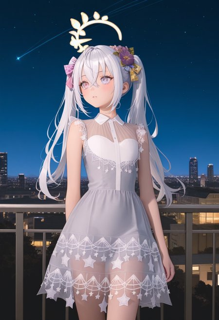 masterpiece,best quality,ultra high res,photorealistic,8K UHD,hyper-detailed,
1girl,solo,
Shirasu Azusa
halo,long hair,white hair,hair ornament,hair flower,purple flower,hair between eyes,crossed bangs,pink eyes，
Komako Semenobitch,white hair, twintails, blue_eyes,flat chest, short body,
sleeveless star print dress,
star \(symbol\),see-through,ribbon,short_dress, 
cowboy_shot,
(cityscape:0.7),blustar_sky, 
standing,night,looking_at_another,(looking up:0.7),   

 






