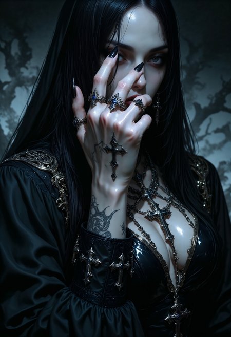An1meL1nes, (amazing transcendental's dream:3.5) The photo depicts a powerful gothic sorceress, her face partially hidden by her elegantly adorned hand. She has pale, slender fingers, on which several silver magical rings, set with dark gemstones like onyx and amethyst, glimmer. Her hand is decorated with mysterious tattoos that seem to pulse with a dark energy.She wears a gothic ensemble, a black velvet dress richly embroidered with occult patterns. Her long black hair frames her pale face, and her eyes, accentuated with dark makeup, shine with an intense light. Large silver necklaces, with pendants shaped like crosses and ancient symbols, rest on her chest. The background is misty, with shadows dancing around her, enhancing the mystical and sinister atmosphere of the scene, (maximum ultra high definition image quality and rendering:3), maximum image detail, maximum realistic render, (((ultra realist style))), realist side lighting, , 8K high definition, realist soft lighting, (amazing special effect:3.5). <lora:FluxMythAn1meL1nes:1>