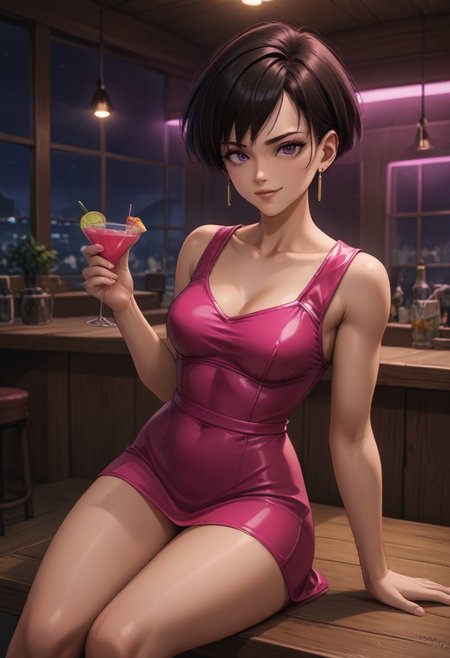 Score_9 score_8_up score_7_up masterpiece perfect quality, high resolution, high definition, 4k, beautiful image, creative angle, perfect angle, pink lighting, (apply pink lighting and filter) futuristic bar, drinks, night club setting, futuristic, 
<lora:Fasha:1.0> fasha, perfect face, beautiful face, cute, smug look, girl muscle, medium breasts, fierce look, seductive eyes, 1girl, pink high heels, short hair, ((wearing pink cocktail dress)), earrings, bare upper body, collarbone, detailed body, fit girl, sexy body, beautiful body, sexy pose, looking at viewer interested, 3d