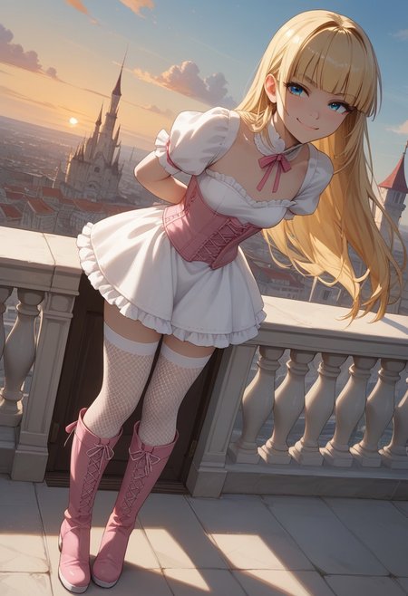 (score_9, score_8_up, score_7_up), 1girl, solo,( blonde hair), blue eyes, long hair, hime cut, long bangs, small breasts,  pink corset, frills, white dress, sunrise, 
(fishnet stockings, white legwear:1.2), rooftops, mansion, city, pink boots,
fisheye, (relaxed, dutch angle:1.2), knee boots,
(smug:1.2), leaning forward, full body shot, standing, hands behind back,