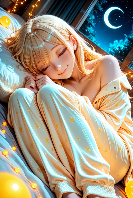 dreamy anime girl curled up sleeping inside a crescent moon cradle, surrounded by plush stars and constellations made of glowing string lights, floating gently through the night sky, peaceful smile, oversized pajamas, Dark, night, soft ambient glow, masterpiece, best quality, amazing quality, very aesthetic, absurdres, highres, newest, scenery, HDR, RTX, 8k. detailed eyes, perfect eyes, realistic eyes, HDR skin, volumetric shadows, soft glow, subsurface scattering,  <lora:SLE_v2:0.5>, <lora:Smooth_Booster_v3:0.6>, SmoothNoob_Quality