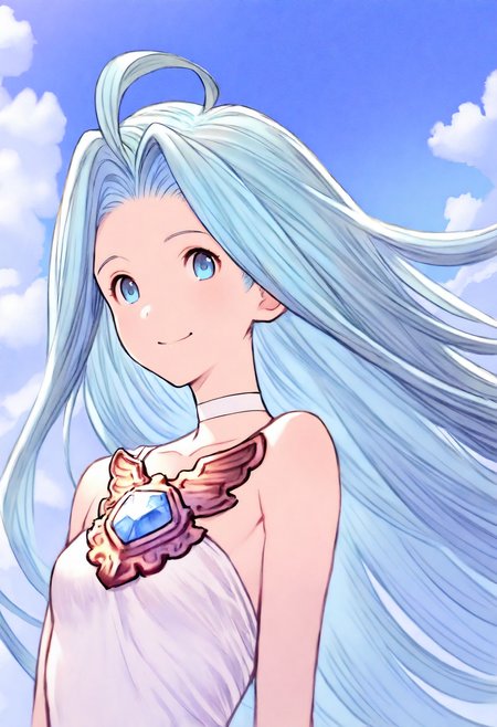 masterpiece, best quality, very aesthetic, absurdres, highly detailed, kyoto animation,
1girl, solo, upper body, smile, looking at viewer, floating hair, 
lyria \(granblue fantasy\), very long hair, blue hair, ahoge, white choker, bare shoulders, skinny, small breasts, white dress,
blue sky, cloud, 
<lora:Lyria_Granblue_Fantasy_Illustrious-XL:1>