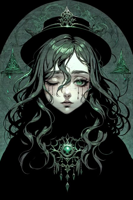 best quality, masterpiece, 1 girl, adult woman, green eyes, dark brown beach waves hair, ombre, focus on character, solo, solo, half shot, detailed face, <lora:DonMD34thM4g1c:0.6>, DonMD34thM4g1c theme, spirit explorer, 10%(eyes closed:1.05), (haunting despair,:1.05), red 3%intricate vestments, hat, enshrouded in an ethereal mist, 10%encircled with ornate patterns, wireless-charging threads interwoven with the fabric, light green color scheme, 7%(simple dark green background:1.1),