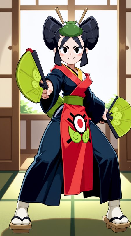 masterpiece, best quality, amazing quality, aesthetic,  absurdres, best quality, 4k, upscale, indoors, (dynamic pose, fighting stance, foreshortening), kaze, solo, 1girl, black hair, japanese clothes, black eyes, smile, geta, dual wielding, hand fan, kimono, sandals, standing, apron, looking at viewer, hair stick,  <lora:Kaze_IL:0.8>