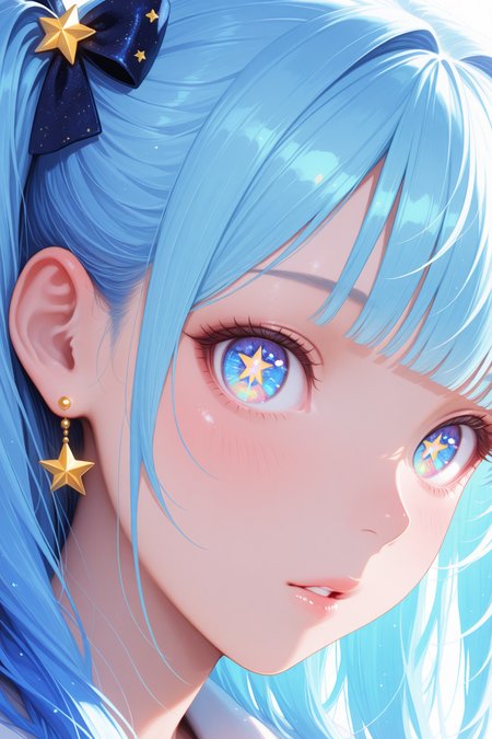 lazypos, (Perfect details), 1girl, solo, long hair, blue eyes, blue hair, multicolored eyes, looking at viewer, blush, parted lips, hair ornament, bow, jewelry, hair bow, earrings, blunt bangs, star \(symbol\), star-shaped pupils, symbol in eye, star in eye, close-up,portrait, eye focus, Colorful themes,High Saturation, haiz_ai, no lineart,no outline <lora:TrendCraft_The_Peoples_Style_Detailer-v1.0A-3_13_2025-illustrious:0.2>