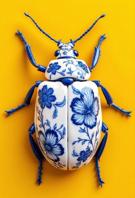 This is a high-resolution photograph showcasing a detailed, artistic depiction of a beetle against a solid, vibrant yellow background. The beetle is intricately decorated with delicate, hand-painted blue floral patterns, giving it an almost porcelain-like appearance. The patterns include stylized flowers, leaves, and vines, which are meticulously detailed and resemble the style of blue and white Chinese porcelain. The beetle's body is glossy and smooth, with a rounded, oval shape typical of beetles.