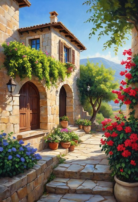 (masterpiece, best quality:1.5), art, oil painting, best quality, high-resolution image of a traditional Mediterranean stone house, the house is built with rustic weathered stone walls and features a red terracotta tiled roof, wooden shutters on the windows, and a charming arched doorway on top of a stone staircase,  natural stone, potted plants, the front yard is adorned with vibrant bougainvillea and lush greenery, a stone-paved pathway leads to the entrance, surrounded by olive trees and blooming flowers, the backdrop includes a clear blue sky and distant rolling hills, capturing the warm and inviting ambiance, detailed digital painting, hauntingly beautiful ambiance, contrasting shadows, extremely detailed