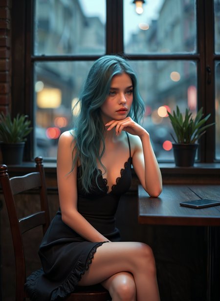 Photograph of a young woman sitting at a wooden table in a cafe or restaurant. She is wearing a black sleeveless dress and has long, wavy blue hair that is styled in loose waves. She has a thoughtful expression on her face and is resting her chin on her hand, as if she is deep in thought. The background shows a window with a view of a city street at night, with buildings and cars visible through it. There are two potted plants on the windowsill and a lightbulb hanging above the table. The overall mood of the image is contemplative and contemplative. <lora:add-detail-xl:.5>  <lora:Flux-style-xl-lora:.5>