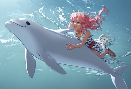 score_9, score_8_up, score_7_up, score_6_up, Masterpiece, source_anime, duo, 1 girl, 1 boy, vivid colors, shiny and glossy, high-res, beautiful aesthetic, very intricate, high-quality details, vibrant, highly detailed, award-winning, professional, <lora:pink-ponyxl-v2:1>, open mouth smile, single fang showing, sleeveless dress, white tiger print dress, pelvic curtain, cleavage, white cat ears, cat ears, white cat ears on head, cat bell necklace, long bright pink hair, long hair, hair is long, tanned, tanned skin, white tiger tail, red sash, small breasts, leather shoes, detailed eyes, green eyes, eyes wide, detailed face, BREAK score_9, score_8_up, score_7_up, score_6_up, Masterpiece, source_anime, 1 girl, 1 boy, vivid colors, shiny and glossy, anime style, high-res, beautiful aesthetic, very intricate, high-quality details, vibrant, highly detailed, award-winning, professional, <lora:link:1> link1, link, soft smile, pointy ears, blonde hair, blue eyes, medium hair, side locks, earrings, short ponytail, blue hylian tunic,

Break

dolphin, pink and link riding dolphins as they jump out of the water and into the air, link and pink riding a dolphin together, midair, riding on the back of dolphins, from side, side view, above water, ocean, holding top fin, (on top of dolphin), one hand in air, wide shot, far shot, zoomed out, full body, fun, horizon showing, sun, clouds, dolphinback riding, leaping out of water, splashing water