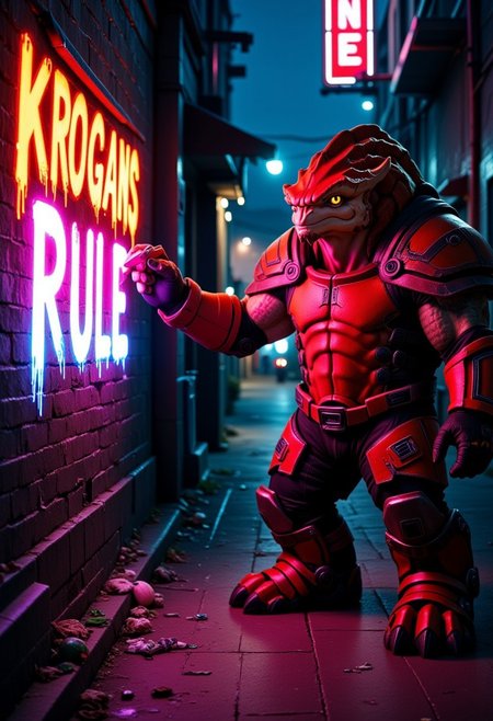 A massive Krogan with rough, red scaly skin and heavy battle armor stands in a gritty urban ghetto at night. Despite his intimidating appearance, he wears a loose basketball jersey (team name optional) over his armor. With one hand, he sprays vibrant graffiti on a decaying brick wall, the bold letters reading "KROGANS RULE" in dripping, neon-style paint. The alley is littered with trash, broken neon signs flicker in the background, and distant sirens echo. The Krogan has a smug, triumphant grin, his eyes glowing faintly. The scene is dark but colorful, with dramatic lighting from a nearby streetlamp casting long shadows. Cyberpunk or dystopian vibes enhance the rebellious atmosphere