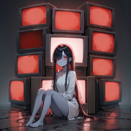 masterpiece, best quality, very aesthetic, absurdres, horror \(theme\), realistic
Stacked CRT monitor, dark room, glowing screen, blue screen, shadow, black background, empty room, (red glowing screen:2), (yamamura sadako:1.2), black hair, long hair, straight hair, hair over one eye, gray skin, white spooky dress, simple dress, gray skin, expressionless, (black eyes:1.1), narrowed eyes,  barefoot, looking at viewer, 
<lora:Stacked_CRT:0.7>