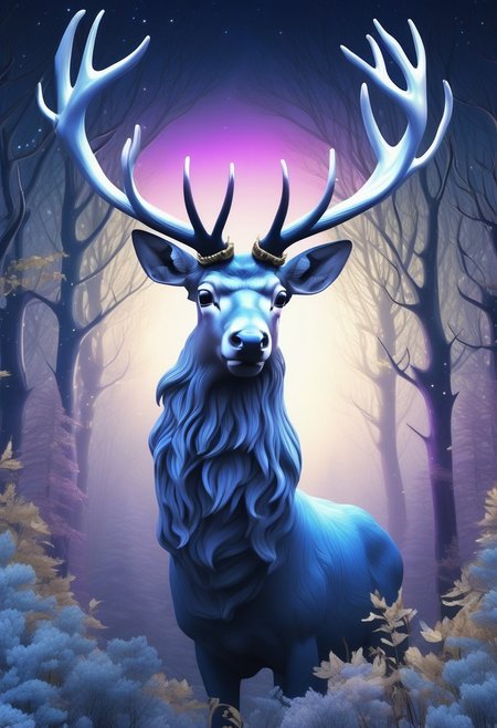 Enchanting Print of a Celestial Stag, Ethereal Satin Style, Soft Gradients of Lunar White, Midnight Black, and Twilight Blue, Antlers Glowing with Neon Violet, Eyes Shining in Pale Gold, Glossy Finish Reflecting a Magical and Regal Forest Essence
