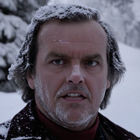 UHD, 4k, ultra detailed, cinematic, a photograph of  <lora:perfection style:0.5> <lora:detailed:0.5> perfection detailed
 <lora:The Shining film style:0.9>
 <lora:1980's style:0.4>
Jack Torrance In the 1980's in the Colorado Rocky Mountains a frozen man in a black and white jacket is covered in snow in a snow mountain,solo,looking at viewer,1boy,closed mouth,upper body,white hair,male focus,tree,facial hair,traditional media,snow,realistic,old,old man , cinematic, film, kodak, The Shining film style, epic, beautiful lighting, inpsiring